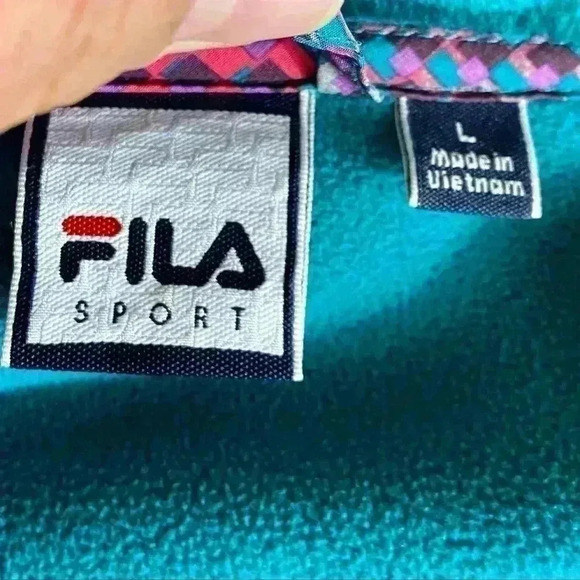 Fila Athleisure Green Teal Geometric Fleece Fur Full Zip Collared Jacket Size L - Picture 10 of 10
